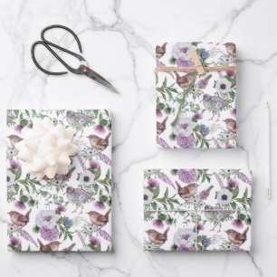 Feuille De Papier Cadeau Illustration de oiseaux chanteurs violets et verts