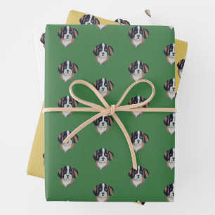 Feuille De Papier Cadeau Illustration de Saint Bernard vert, or et blanc