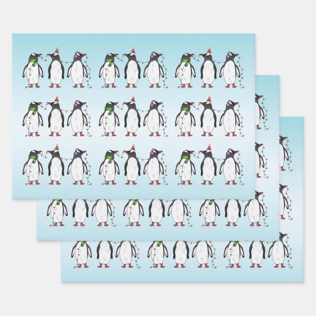 Feuille De Papier Cadeau Illustration de trois pingouins de Noël festifs (Lot)