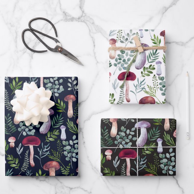 Feuille De Papier Cadeau Illustration des champignons aquarelle  (Recto)