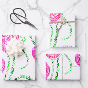 Feuille De Papier Cadeau Illustration des vignes à fleurs vertes et roses
