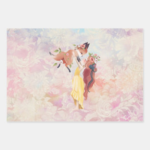 Feuille De Papier Cadeau Illustration Vintage de Redhead Girl and Baby Fox