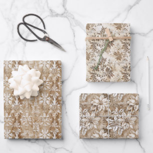 Feuille De Papier Cadeau Illustrations botaniques et Damas beige et blanc