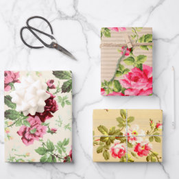 Feuille De Papier Cadeau Illustrations vintages de roses sur base neutre