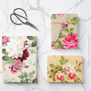 Feuille De Papier Cadeau Illustrations vintages de roses sur base neutre