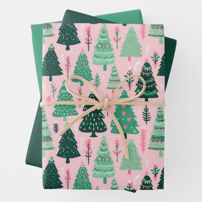 Feuille De Papier Cadeau Illustré Arbre de Noël Vert et rose (En situation)