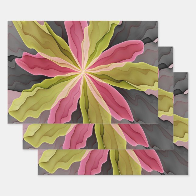 Feuille De Papier Cadeau Imaginaire rose vert anthracite Fleur Fractal Art (Lot)