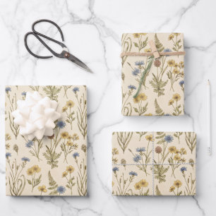 Feuille De Papier Cadeau Impression botanique Meadowcore Fleurs Bleues Jaun