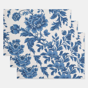 Feuille De Papier Cadeau Impression florale d'inspiration victorienne bleue