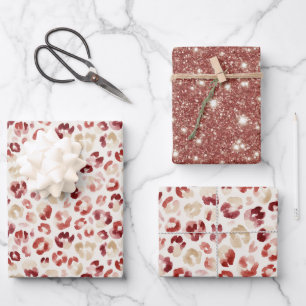 Feuille De Papier Cadeau Imprimé animal léopard crème pailleté rouge annive
