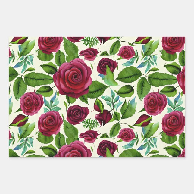 Feuille De Papier Cadeau Imprimé floral Roses Bourgogne (Devant)