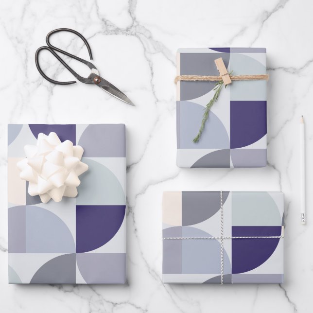 Feuille De Papier Cadeau Indigo Blue Beige Grey Mid Century Moderne (Recto)