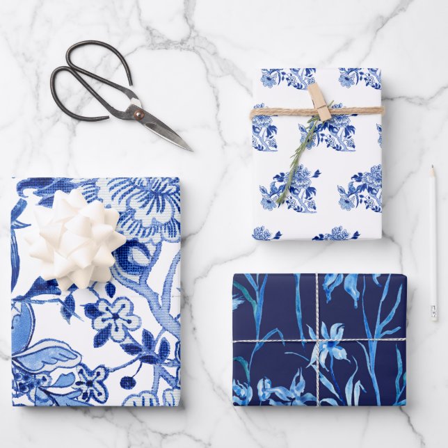 Feuille De Papier Cadeau Influence asiatique Chinoiserie Marine Bleu Blanc  (Recto)