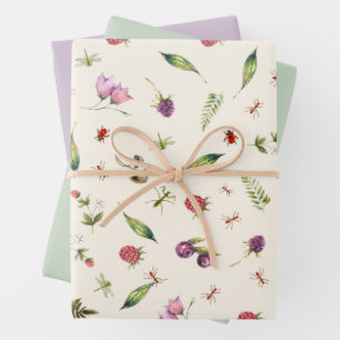 Feuille De Papier Cadeau Insectes Fleurs sauvages de bois Lilac, moderne et