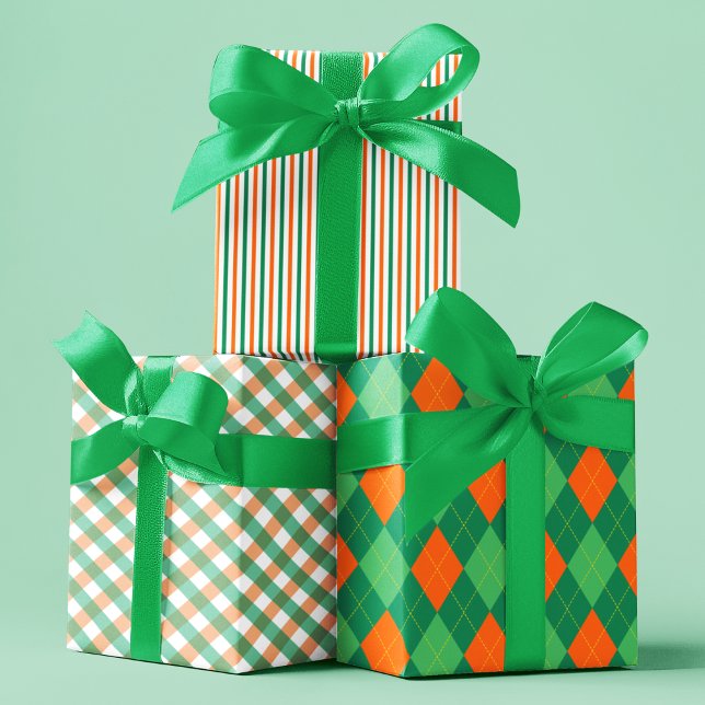 Feuille De Papier Cadeau Irish Green & Orange St. Patrick's Day Motif (Irish St Patrick's Day Green Orange White Patterned Wrapping Paper. Thin Stripes, Gingham & Argyle.)