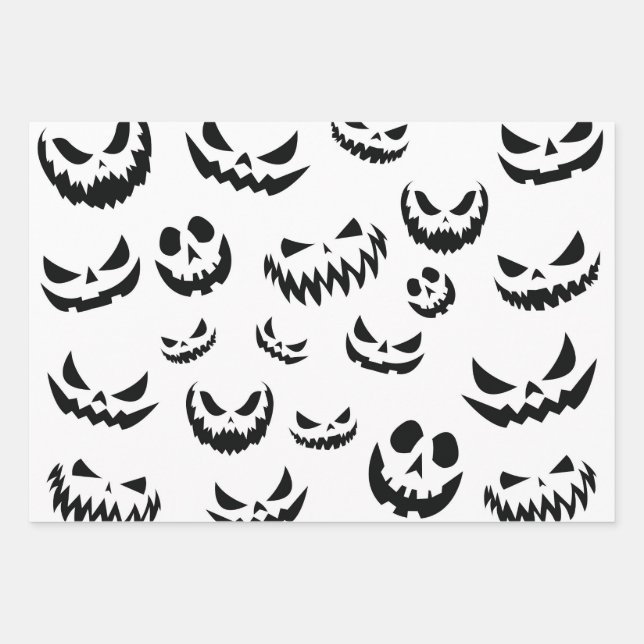 Feuille De Papier Cadeau Jack-o'-lantern face Citrouille noir et blanc (Devant)