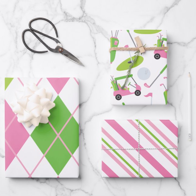 Feuille De Papier Cadeau Jacquard de golf rose et vert rayures Cadeaux (Recto)