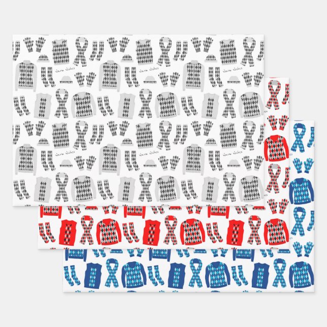 Feuille De Papier Cadeau Jacquard Illustration Gris Rouge et Bleu (Lot)