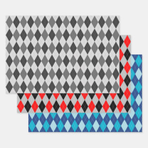Feuille De Papier Cadeau Jacquard Motif gris rouge et bleu