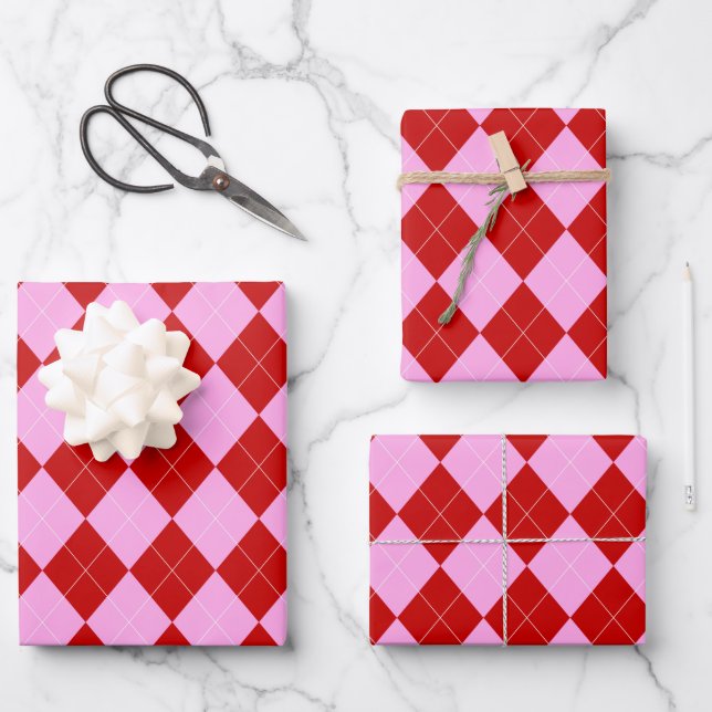 Feuille De Papier Cadeau Jacquard preppy Tartan Diamond Plaid Rouge rose (Recto)