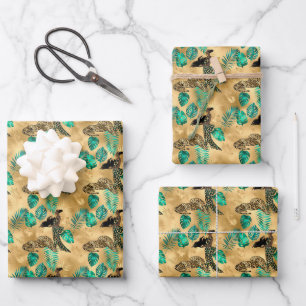 Feuille De Papier Cadeau Jade Green et Gold Foil Empreinte de léopard