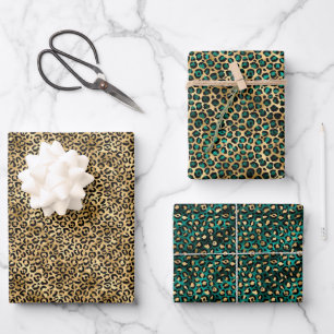 Feuille De Papier Cadeau Jade Green et Gold Foil Empreinte de léopard