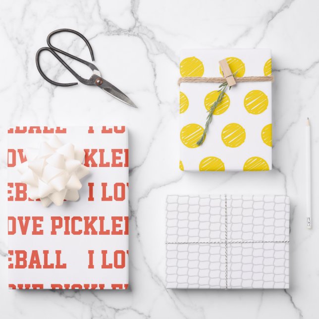 Feuille De Papier Cadeau J'ADORE PICKLEBALL Sports Game Ball Net Texte amus (Recto)
