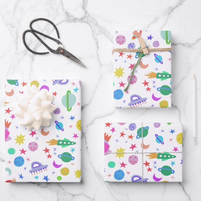 Feuille De Papier Cadeau J'Ai Besoin D'Espace UFO Rocket Planet Motif migne (Recto)