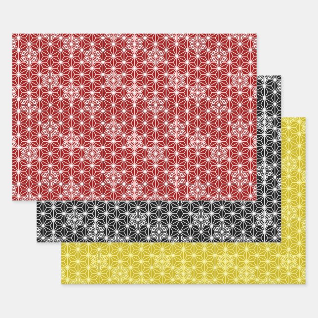 Feuille De Papier Cadeau Japonais Asanoha motif, Rouge, Noir/Blanc, Or  (Lot)
