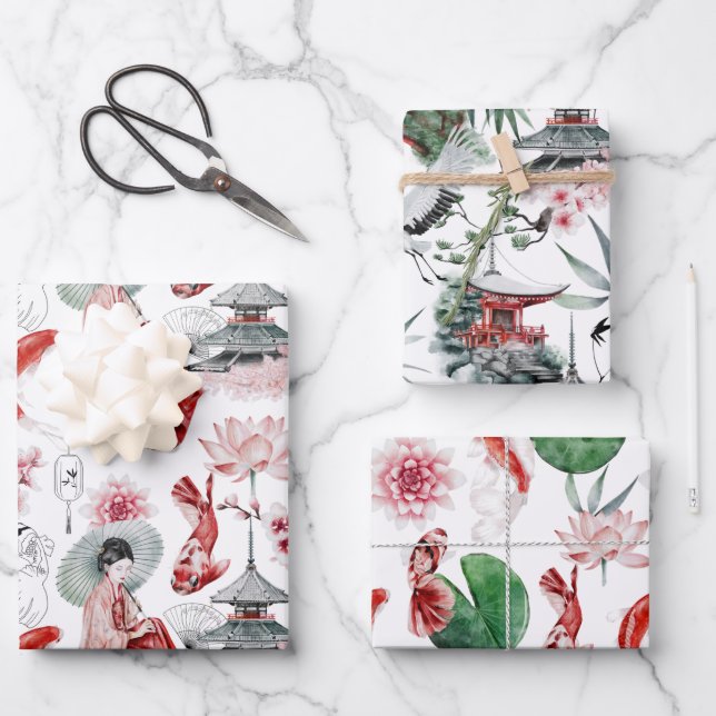 Feuille De Papier Cadeau Japonais Geisha Koi et Temple aquarelles (Recto)