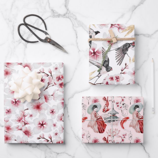 Feuille De Papier Cadeau Japonais Geisha Koi et Temple Aquarelles Wrappin (Recto)