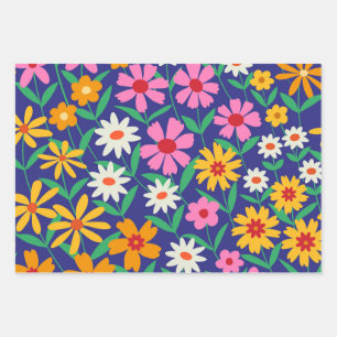 Feuille De Papier Cadeau Jardin de fleurs rétro boho sur fond bleu marine 