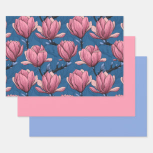 Feuille De Papier Cadeau Jardin de Magnolia en bleu