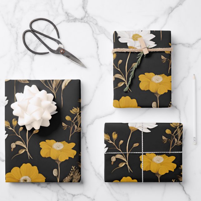Feuille De Papier Cadeau Jardin Fleur sauvage Boho Black Gold (Recto)