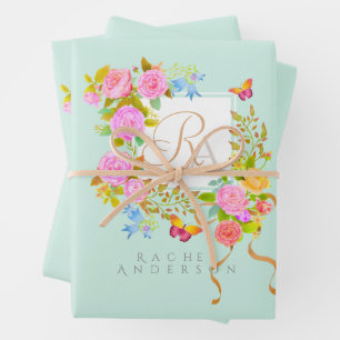 Feuille De Papier Cadeau Jardin fleuri romantique Monogramme Vert
