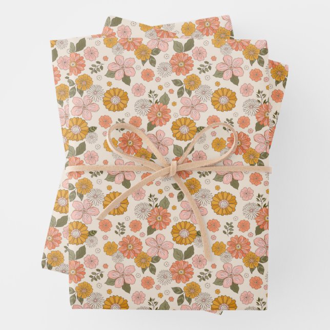 Feuille De Papier Cadeau Jardin rose et orange Motif (En situation)