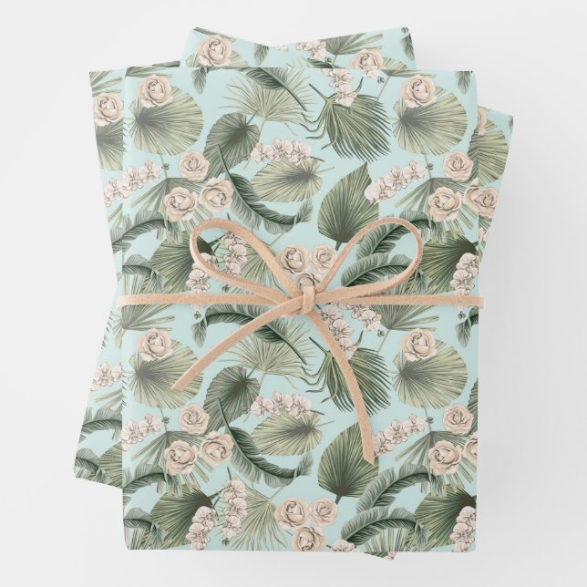 Feuille De Papier Cadeau Jardin tropical Motif orchidée et palmier (En situation)