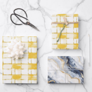 Feuille De Papier Cadeau Jaune Blanc Carreaux Rayures Bleu Blanc Anniversai