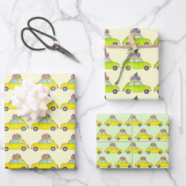 Feuille De Papier Cadeau Jaune Fiat 500 cadeaux de Noël Aquarelle (Recto)