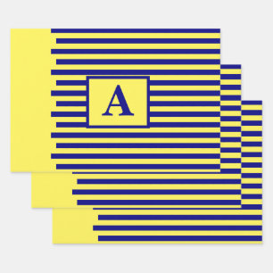 Feuille De Papier Cadeau Jaune Marine Bleu Monogramme Nautique Noël