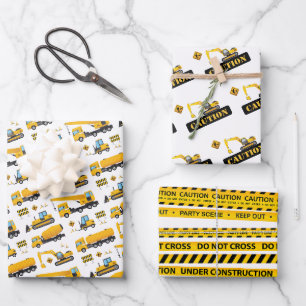 Feuille De Papier Cadeau Jaune Noir Construction Garçon Anniversaire Cadeau