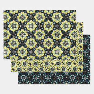 Feuille De Papier Cadeau Jaune Noir Turquoise Motifs géométriques