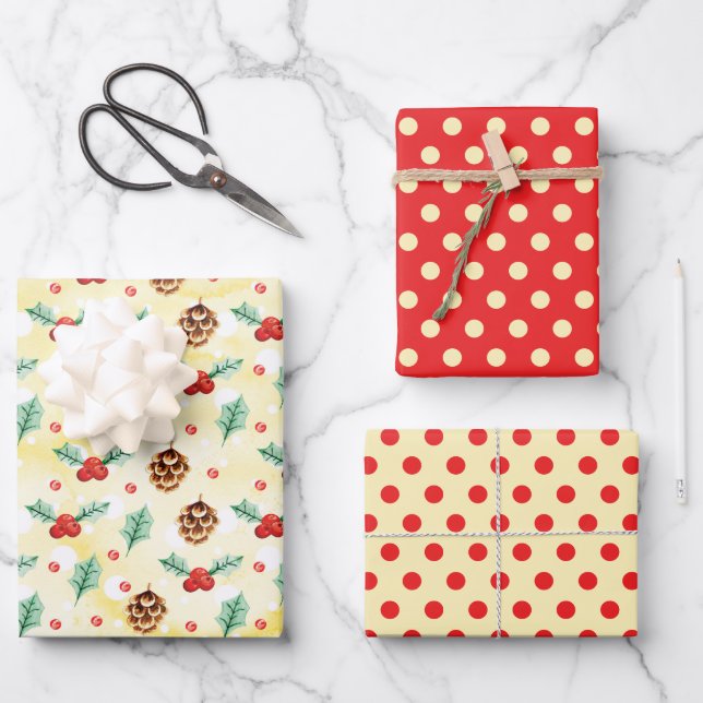 Feuille De Papier Cadeau Jaune Rouge Brown Noël Pin Vide Points Cônes (Recto)