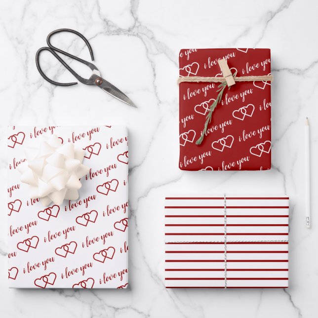 Feuille De Papier Cadeau Je t'aime Romantique Valentine Red Hearts Stripes (Recto)