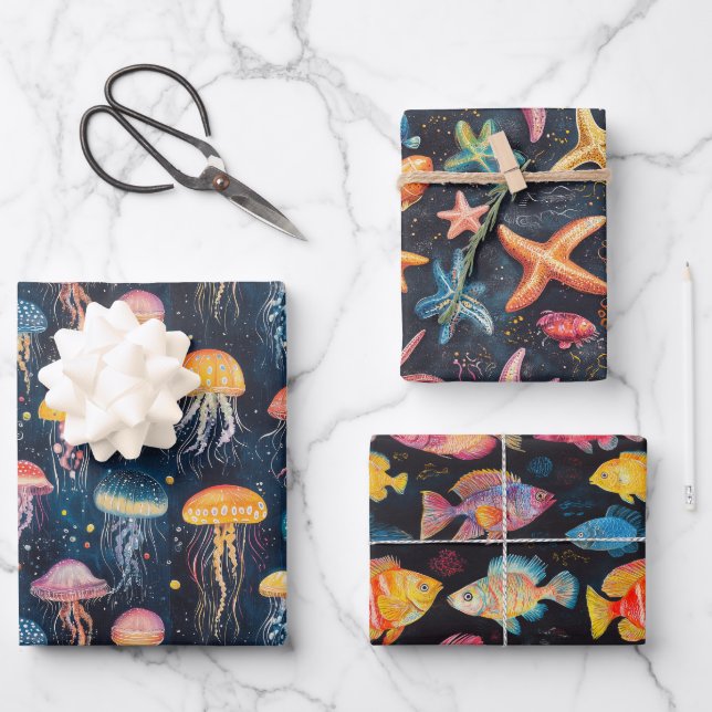 Feuille De Papier Cadeau Jellyfish, Star & Divers Poissons Espèces Thème Me (Recto)