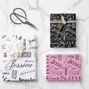 Feuille De Papier Cadeau Jessica Nom personnalisé Rose Noir Blanc