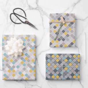 Feuille De Papier Cadeau Jeu bleu or gris pour hommes de 3 enveloppes
