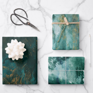 Feuille De Papier Cadeau Jeu d'aquarelle en or vert Festif de 3