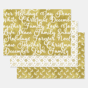 Feuille De Papier Cadeau Jeu de 3 Gold Foil et blanc moderne Noël