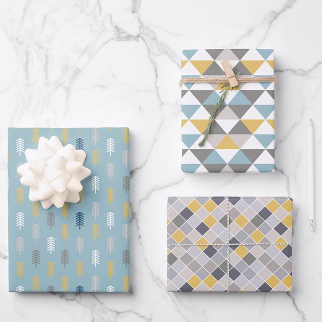 Feuille De Papier Cadeau Jeu de 3 Gris Or Bleu Homme (Créateur téléchargé)